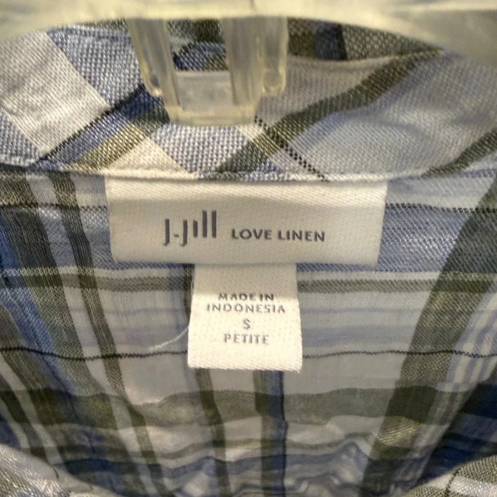 J. Jill Tunic Womens S Petite Blue Green Plaid Excellent Linen Roll Tab Henley